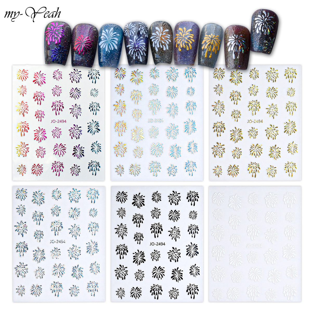 myyeah Nail Art Stickers 6 Colors Fireworks Pattern Holographic Self