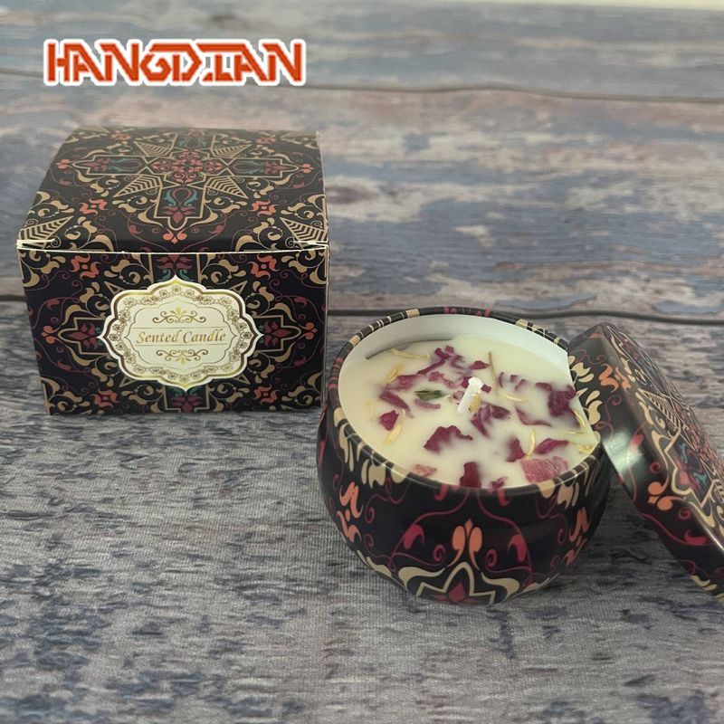 HANGDIAN Elegant Scented Soy Wax Candle with Dried Flowers in Decorative Tin Box ราคา 32 บาท*ส่งฟรี