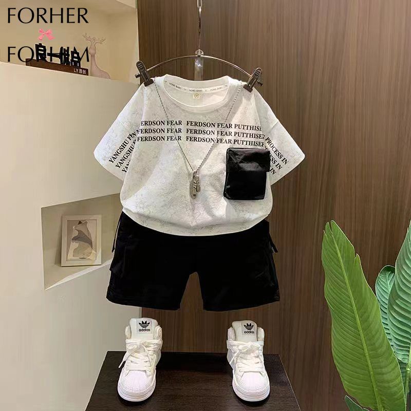FORHERFORHIM Boy's Summer Clothing Short Sleeve Suit Plankton Shuai Children's Summer Clothes Baby Fried Street Two-piece Set Tide F445 ราคา 488 บาท*ส่งฟรี