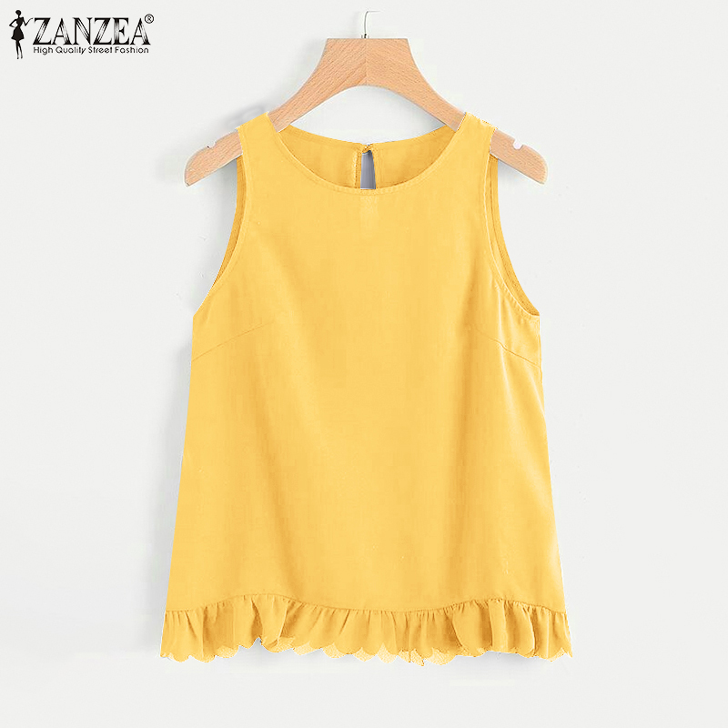 HijabFab ZANZEA Women's Fashion Sleeveless O-Neck Tank Top Casual Loose Ruffle Trim Camisoles #3 ราคา 151 บาท*ส่งฟรี