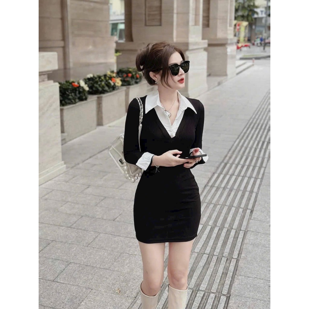 Váy body len phối cổ sơ mi siêu xinh