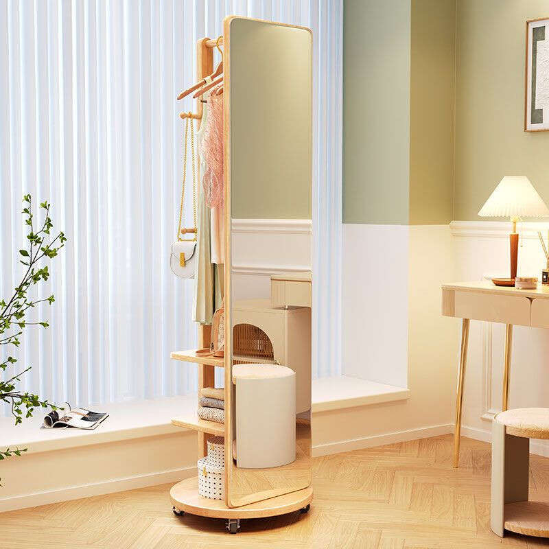 Full-length Mirror Floor-to-ceiling Mirror Household Rotatable Solid Wood Dressing Mirror Hanging Clothes Rack Storage Rack Integrated Bedroom Fitting Mirror