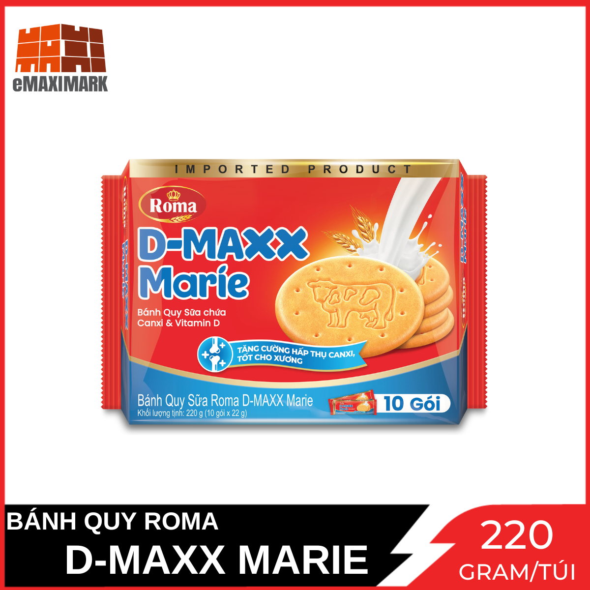 Bánh quy Roma D-MAXX Marie 220g (10 gói x 22g)
