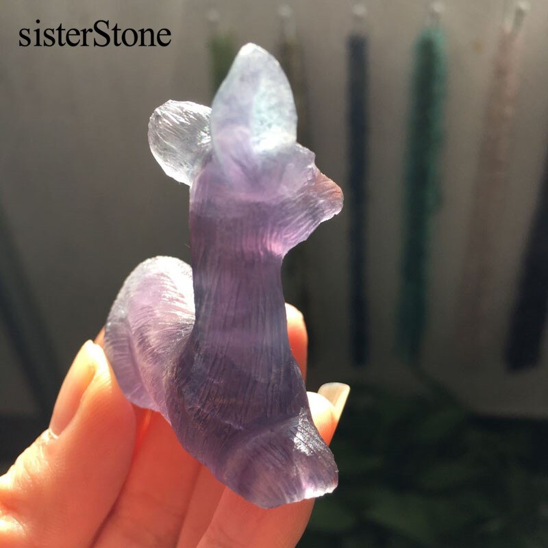 Natural Rainbow fluorite hand carved mini deer 2 quartz crystal healing stones hand carving animal for home decor stones (1)