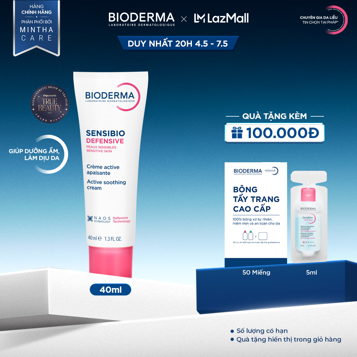 Kem dưỡng ẩm và làm dịu da, dành cho da nhạy cảm Bioderma Sensibio Defensive 40ml