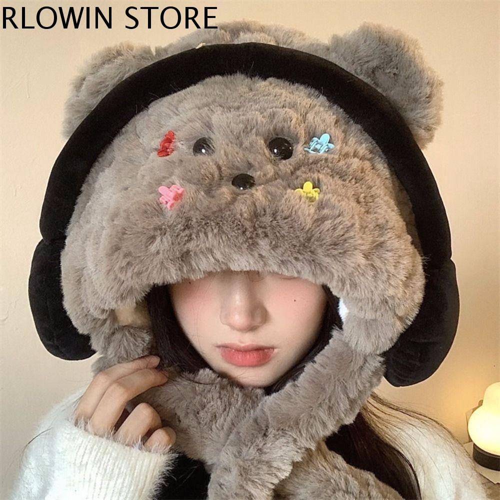 RLOWIN Ấm áp Khăn Choàng Gấu vải nhung lông Mềm Dễ thương Mũ cún con kèm tai nghe Thời trang Dày Trang phục dạo phố