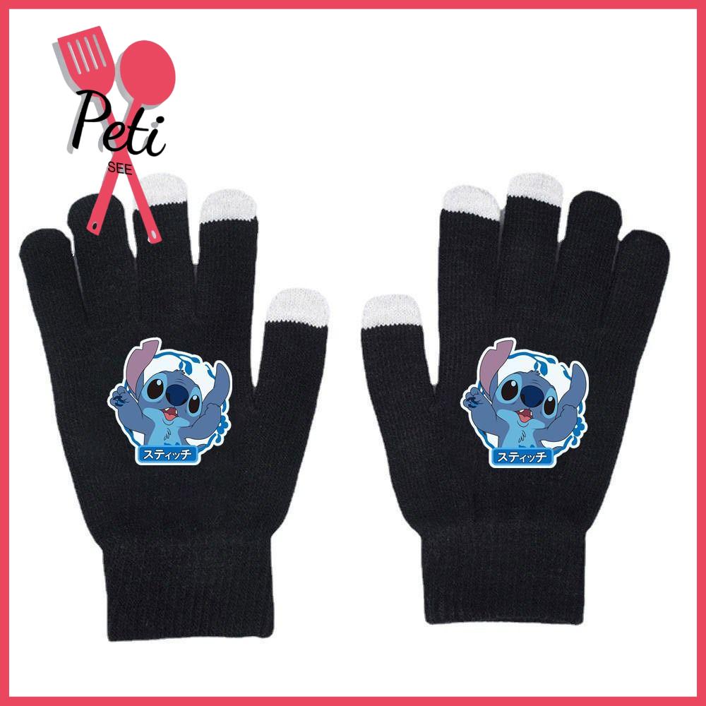 PETISEE Disney Găng tay Lilo Stitch Năm ngón tay Ấm áp Găng tay xe đạp Dễ thương Màn hình cảm ứng Găng tay dệt Trẻ em người lớn