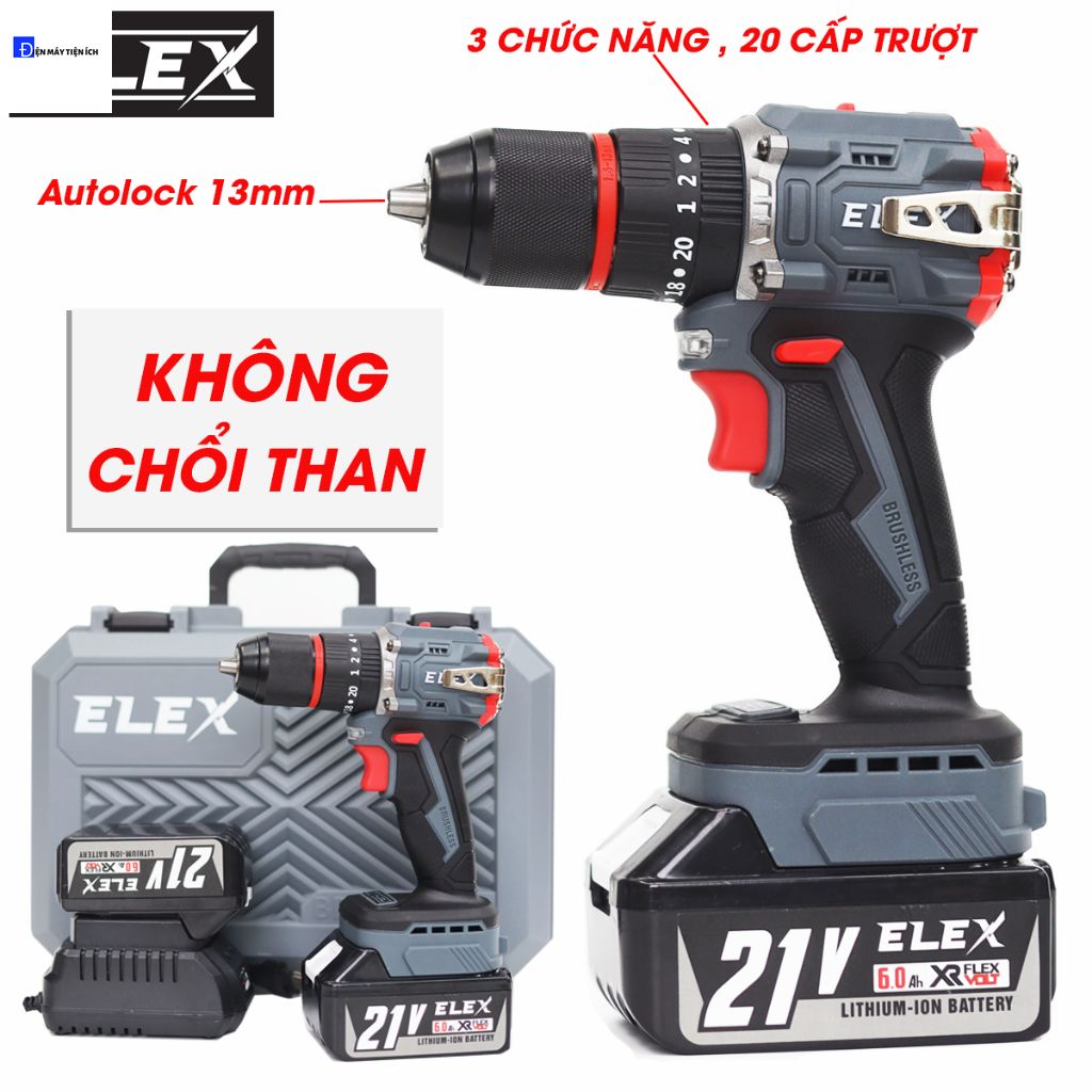 Máy khoan pin 13MM ELEX ID1365BL không chổi than, Chuyên khoan bê tông, khoan tường, sắt, gỗ