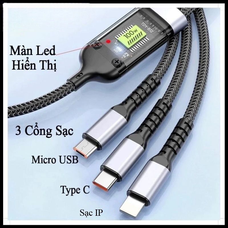   3 Đầu  Dây Sạc Tự Ngắt 3 Đầu 100W Micro USB Type C IOS 3 trong 1 Dài 1m2 - Cáp sạc nhanh  tuandeptrai241091  
