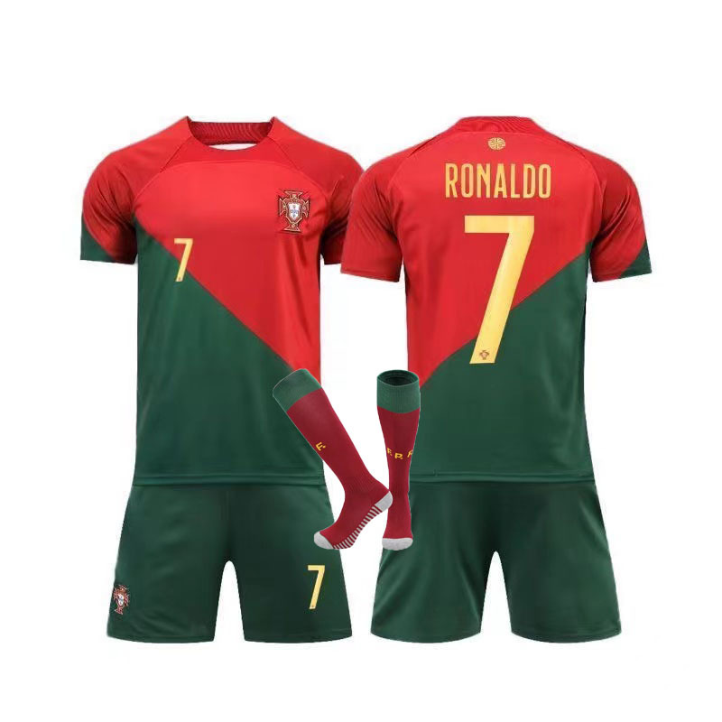 2022 Bồ Đào Nha đi kích thước 7 Cristiano Ronaldo bóng đá trẻ em thiết lập + vớ tắt áo quần màu trắng