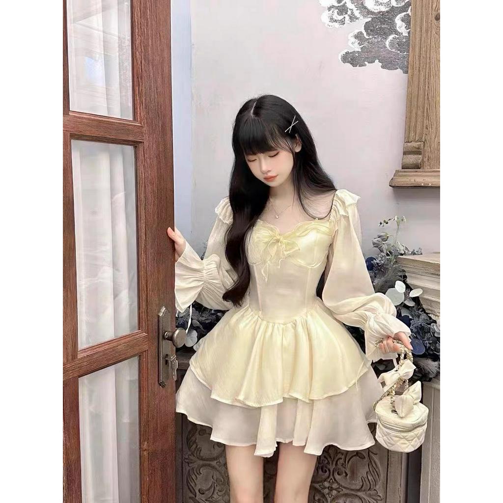 (Order) Váy Trắng Dài Tay 2 Tầng Nơ Ngực