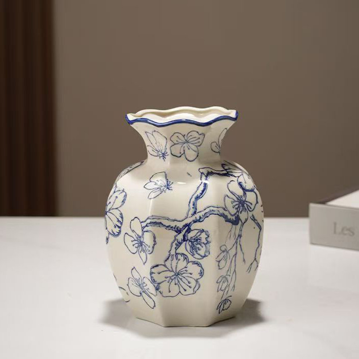 Povasa New Chinese Style High-Grade Retro Blue and White Porcelain Octagonal Ceramic Vase Guest Dining Room Entrance Simulation Flower Arrangement Decorative Ornament