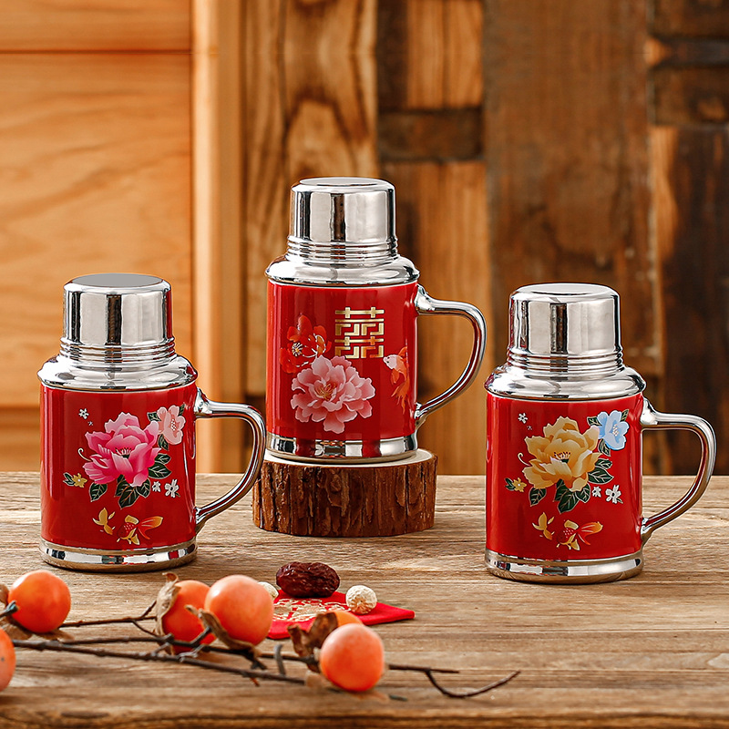 460ml ấm đun nước bằng gốm hoài cổ cổ điển cốc có nắp màu đỏ cốc nước hạnh phúc đôi tại nhà quà cưới tại nhà