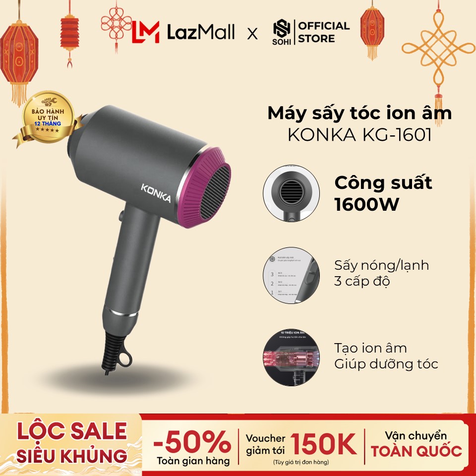 Máy sấy tóc chuyên nghiệp konka kg-1601, công suất 1600w, sấy nóng, lạnh 3 cấp, bh chính hãng 12 tháng.