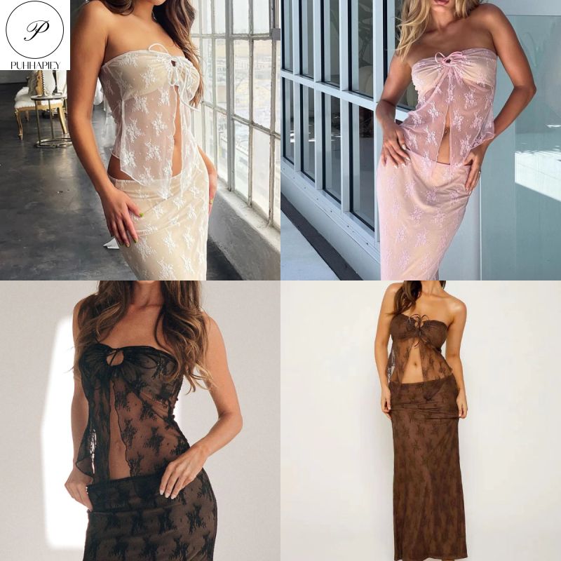 PUHHAPIEYสําหรับผู้หญิง 2 ชิ้น เสื้อท็อปส์ แต่งลูกไม้ พร้อมกระโปรงยาว แฟชั่นฤดูร้อน มุมมองกุหลาบกลวงออก ชุดสูทยาว ราคา 180 บาท*ส่งฟรี