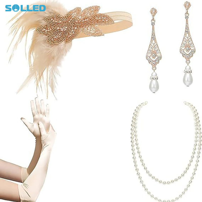 1920s Carnival Party Fascinators Headband Vintage Champagne Feather Headpiece Gloves Pearl Necklace Earrings Set For Girls Women ราคา 120 บาท*ส่งฟรี