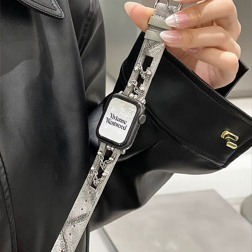 [EE  Accessories] Double Chain Printed Hollow Leather Leather Strap Suitable watch987654SE Breathable Leather Gold Necklace