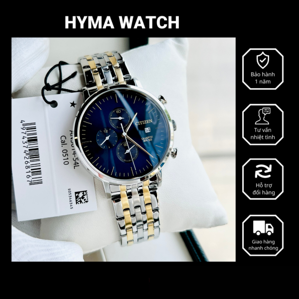 Đồng hồ nam dây thép thể thao Citizen AN3614-54L Mặt xanh 6 kim có bấm giờ - Size 42mm Bảo hành 1 năm Hyma watch