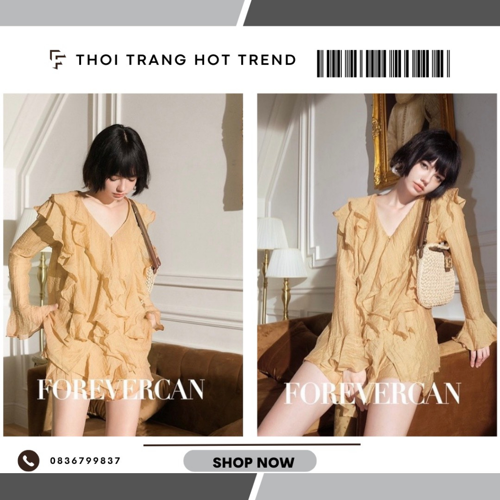 Set áo tơ xốp bèo cổ tay loe dài và quần short hàng cao cấp