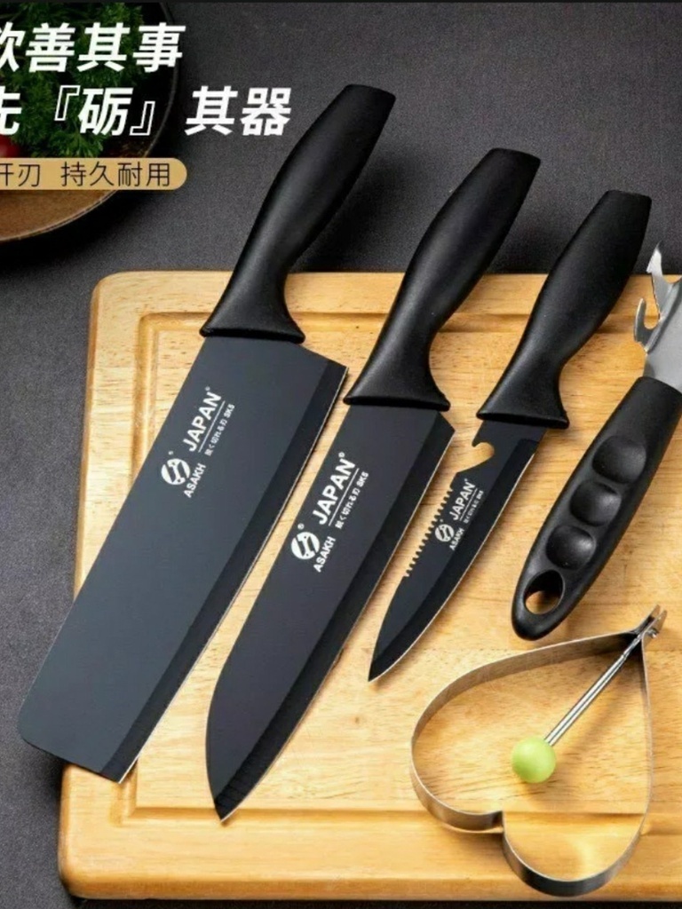 Bộ Dao 5 Món JAPAN ASAKH Bằng Thép Không Gỉ Đen Nhám Cao Cấp