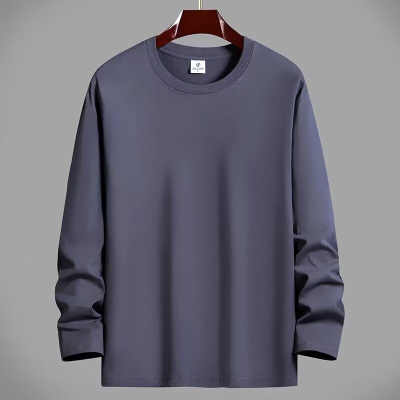 MAYCHEER Áo thun nam tay dài màu trơn cotton có cổ tròn dày dáng rộng tay dài