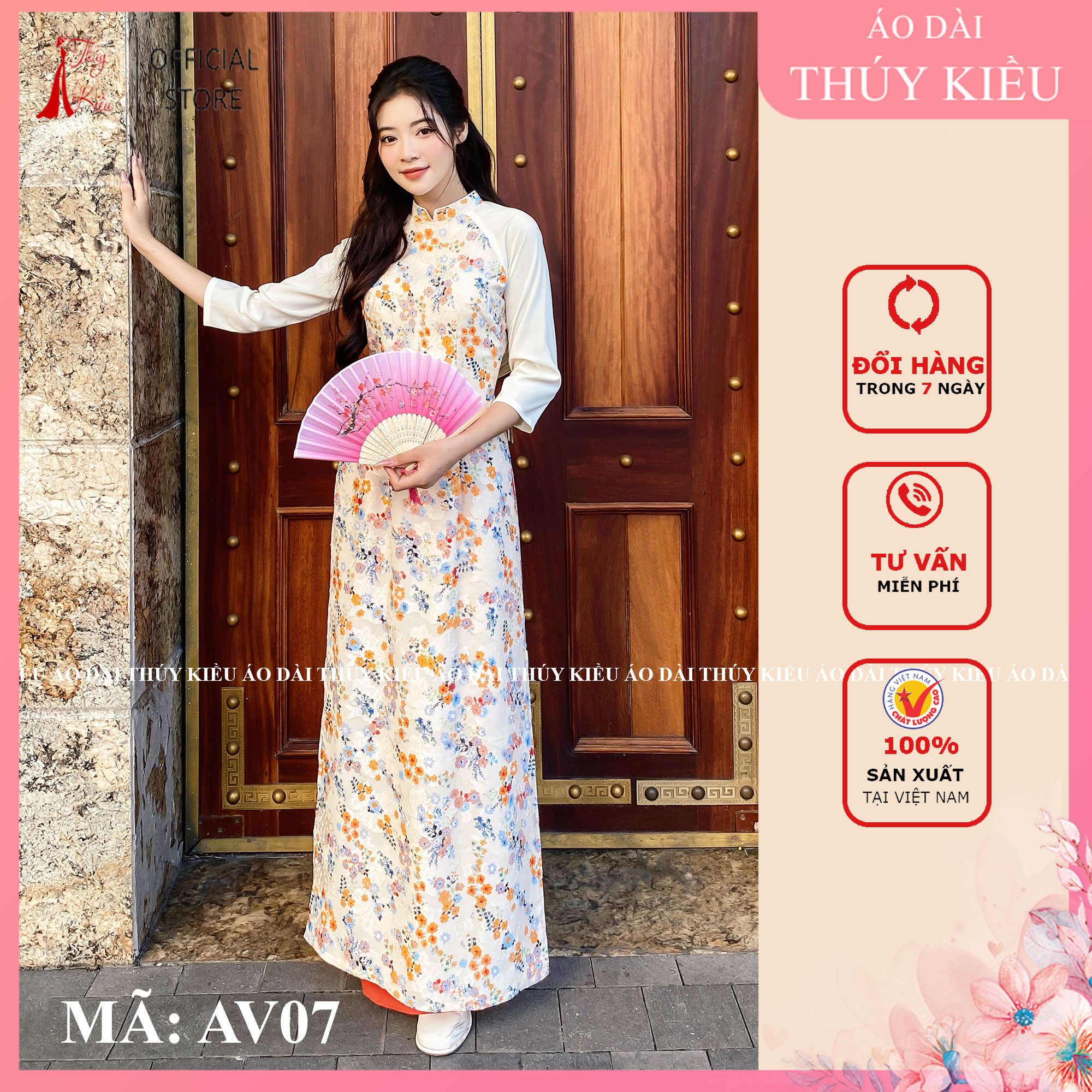 AV07 Áo dài Truyền thống hàng may sẵn hoa nhí nền cam phối tay vải voan tơ 4 tà cao cấp áo dài Thúy Kiều đẹp giá rẻ