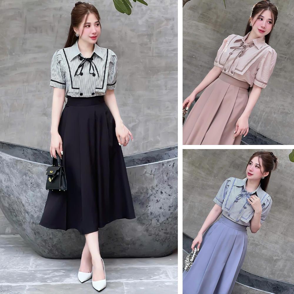 Bigsize 50-95kg Set Đầm Váy Dáng Dài Phối Áo Sọc Tay Ngắn Cổ Bẻ Thủy Thủ Thiết Kế Dự Tiệc Nữ Cao Cấp Xinh Đẹp