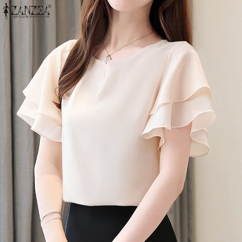 ZANZEA Korean Style Women's Blouse Ruffle Short Sleeve Double Layer O-Neck Solid Top Pullover #10 ราคา 206 บาท*ส่งฟรี