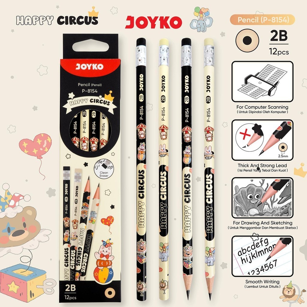 (12pc) JOYKO Pencil Pensil P-8154 2B 1 Box 12 Pcs Happy Circus