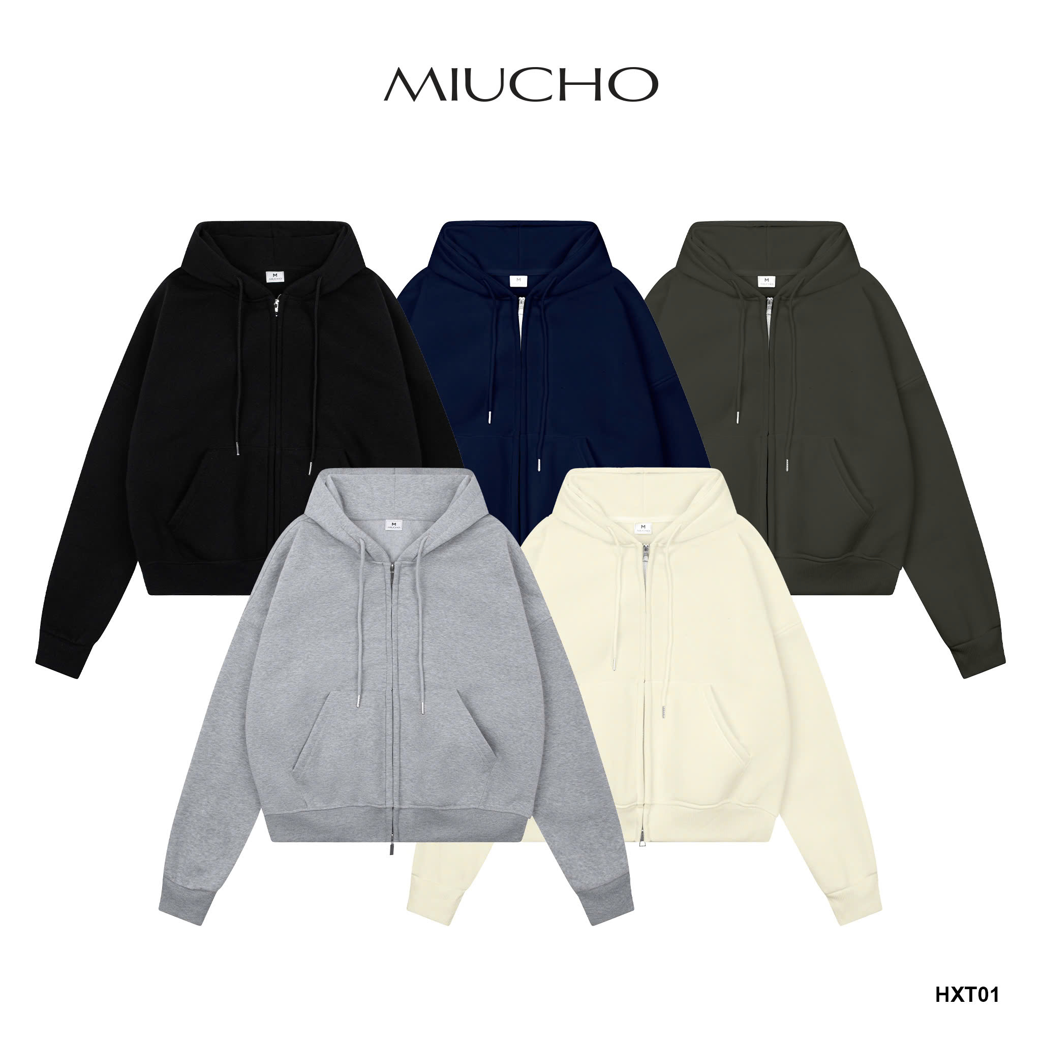 Áo hoodie zip unisex form boxy HXT01 Miucho vải nỉ bông dày dặn khóa kéo