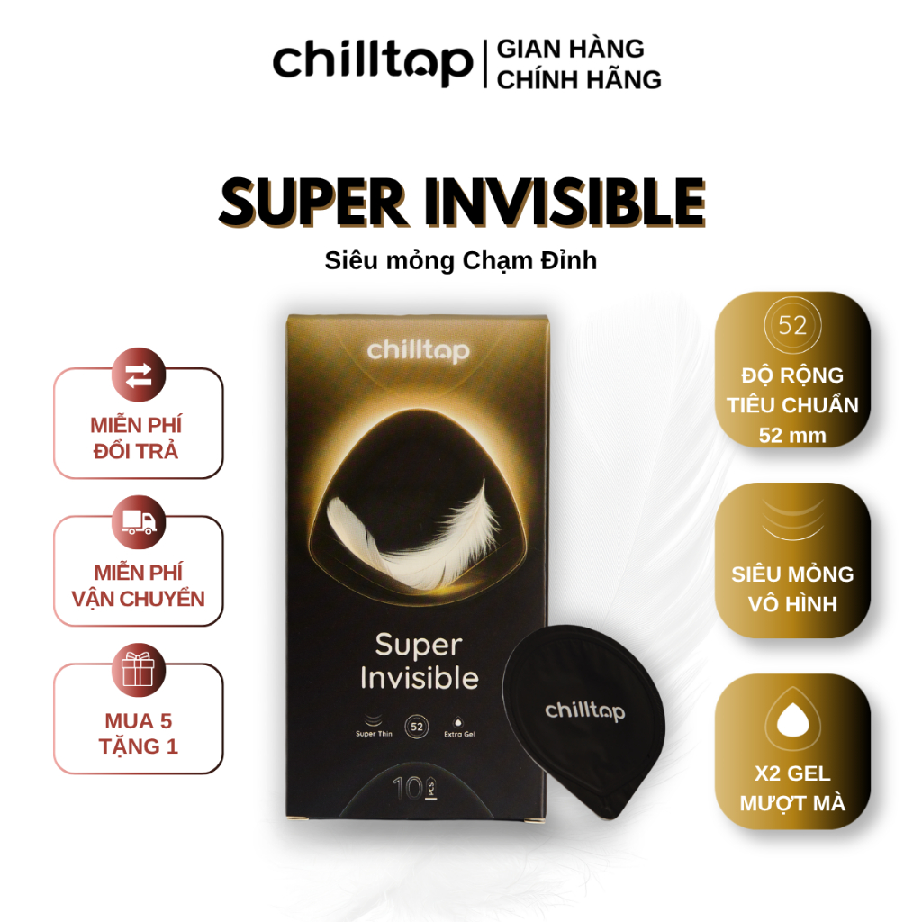 Bao cao su siêu mỏng Chilltop Super Invisible, Nhiều Gel Hộp 10 Bao