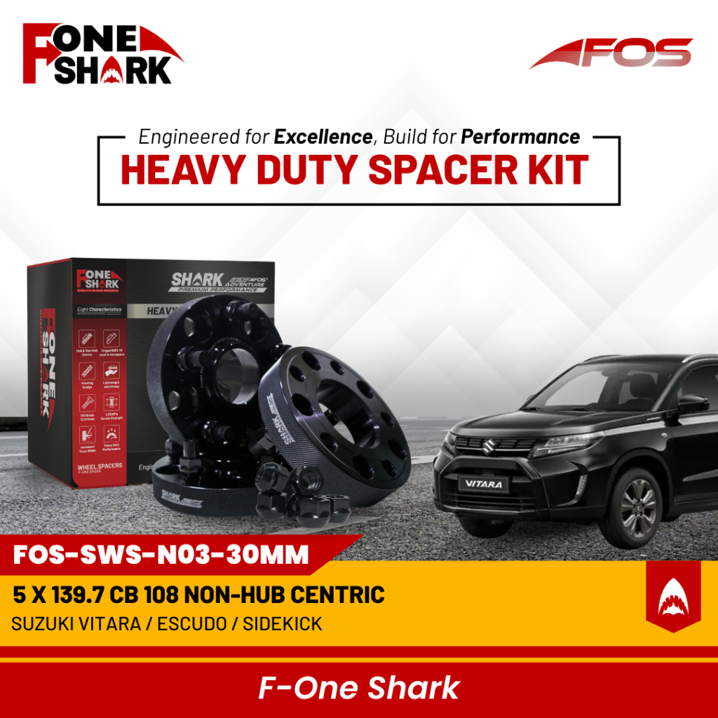 F-One Shark FOS Heavy Duty Wheel Spacer Adaptor Roda Velg Suzuki VITARA / ESCUDO / SIDEKICK Forged Alumunium Alloy 6061-T6 PCD 5 x 139.7 CB 108 Harga 1,200,000 Ringgit*Penghantaran Percuma