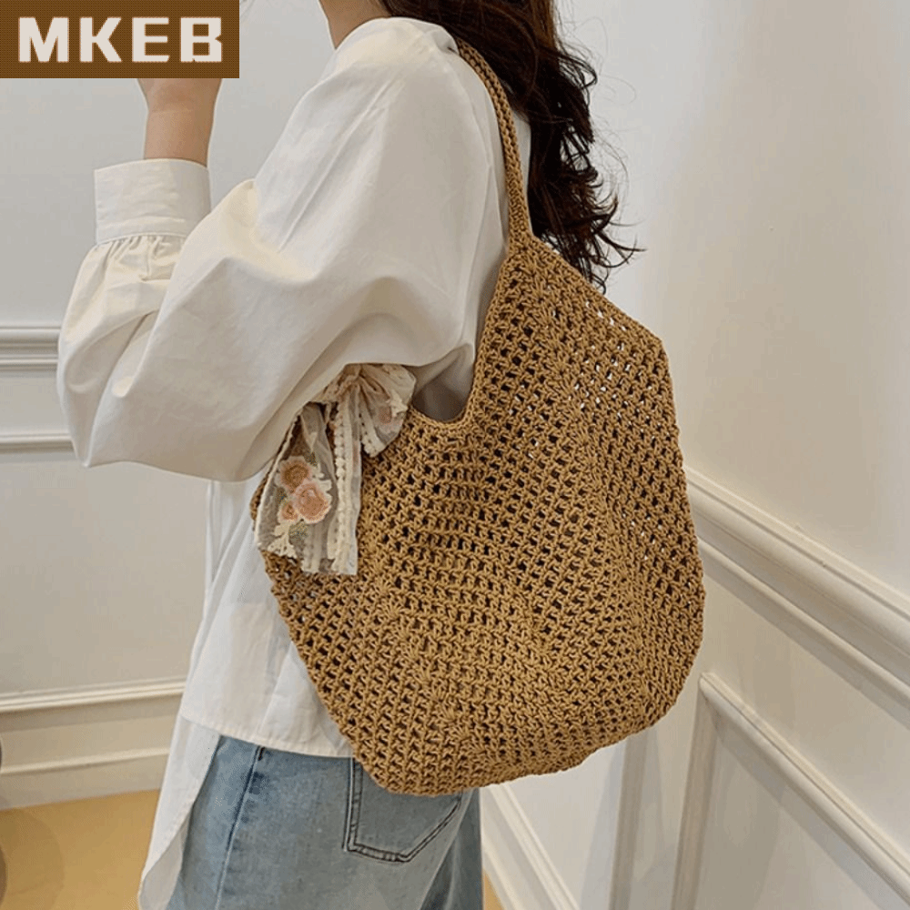 MKEB MALL Dung lượng lớn Túi đeo vai đan móc dành cho nữ Màu đơn sắc Rỗng Túi xách dệt Thường ngày Túi mua sắm Túi Tote móc len Nữ