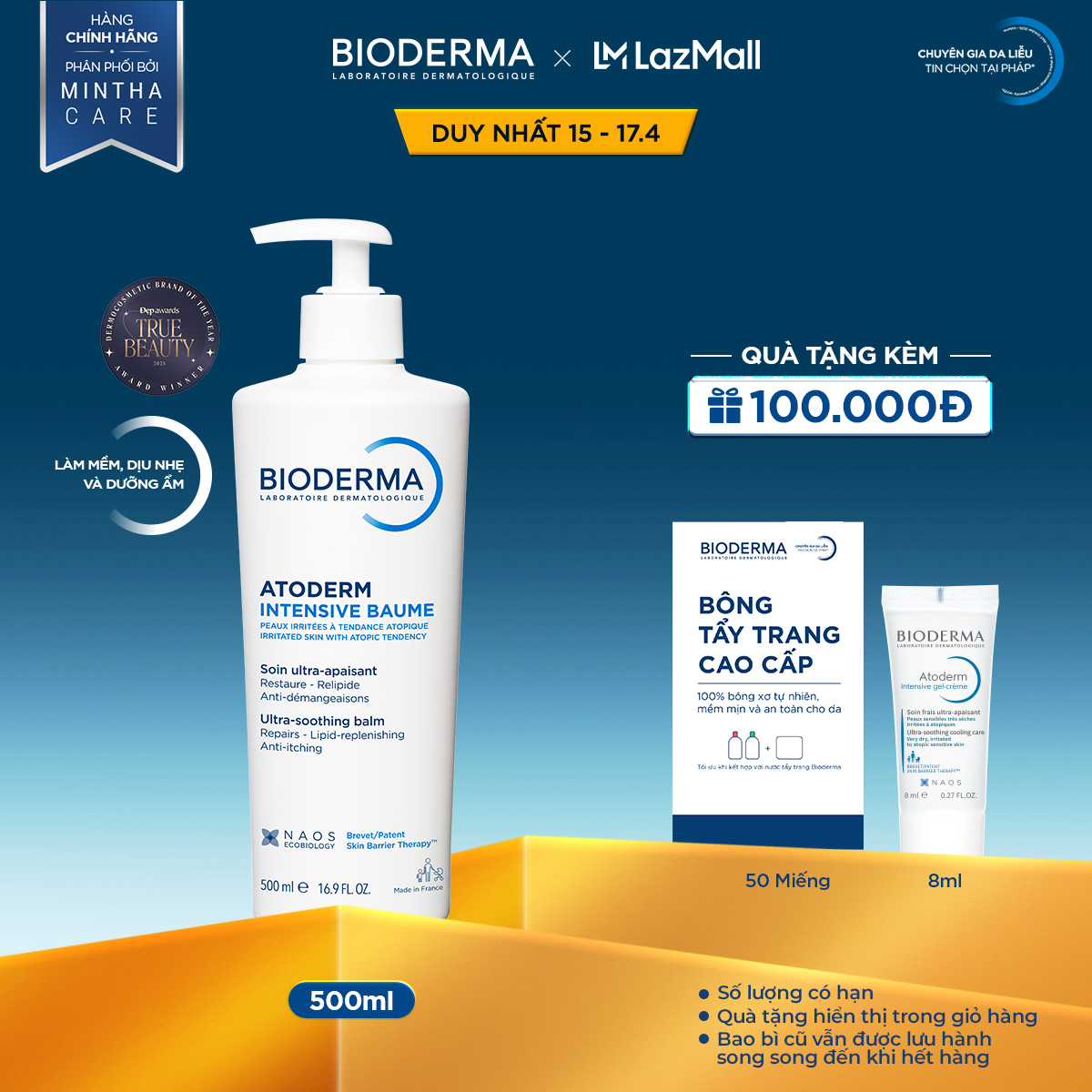 Kem dưỡng ẩm chuyên sâu cho da rất khô và viêm da cơ địa Bioderma Atoderm Intensive Baume - 500ml