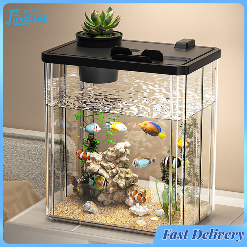FunsLane Fish Tank Aquarium Starter Kit, Mini Desktop Rectangular Fish Tank With Pump, LED Light, Simulated Water Plants, Fish Bowl Tabletop Decoration For Shrimp Small Fish ราคา 406 บาท*ส่งฟรี