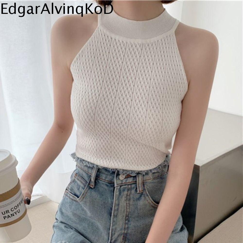 EDGAR Áo đan móc Áo hai dây không tay cổ treo Lưới rỗng Đồ đi biển Áo croptop nữ mùa hè mỏng Đàn hồi Đơn giản Áo ba lỗ dệt kim có dây Nữ