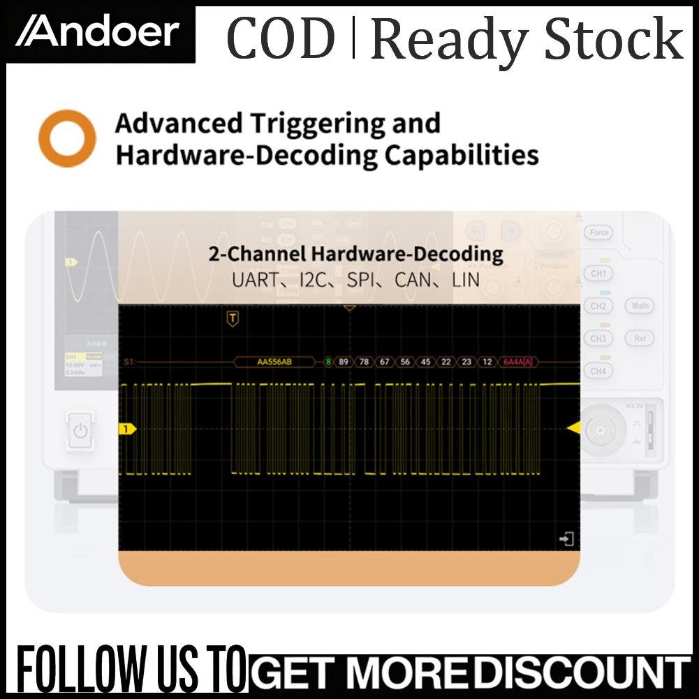 Andoer ออสซิลโลสโคปดิจิตอล 4 แชนเนล 70MHz ความละเอียดสูง 12 บิต การสุ่มตัวอย่างแบบเรียลไทม์ 1.25GSa/s หน้าจอมัลติทัช 7 จอ ความลึก 50M อัตราการจับภาพ 700 000 Wfms/s ราคา 30,688 บาท*ส่งฟรี
