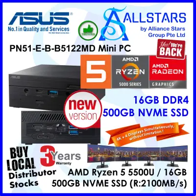 (ALLSTARS : We are Back/ Mini PC Promo) ASUS PN51 Ryzen5 5500U / PN51-E-B-B5122D +16GB 3200MHz+500GB NVME SSD+Unactivated MS Win10 Home (AMD Ryzen 5 5500U / Intel WiFi 6 / BT5.0 / GBE LAN / HDMI+DP / USB3.2 Type-C+Type-A / card reader / Wless KB+Mouse)