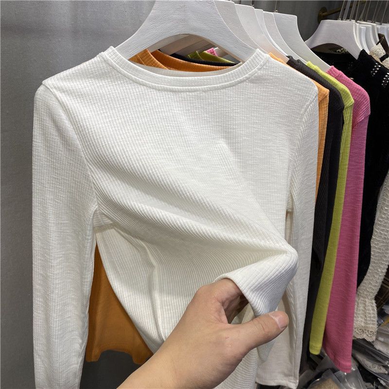 Kẹo màu Threaded dài tay T-Shirt cho phụ nữ 2023 phiên bản Hàn Quốc mới linh hoạt Áo Thun Cơ Bản xu hướng hàng đầu