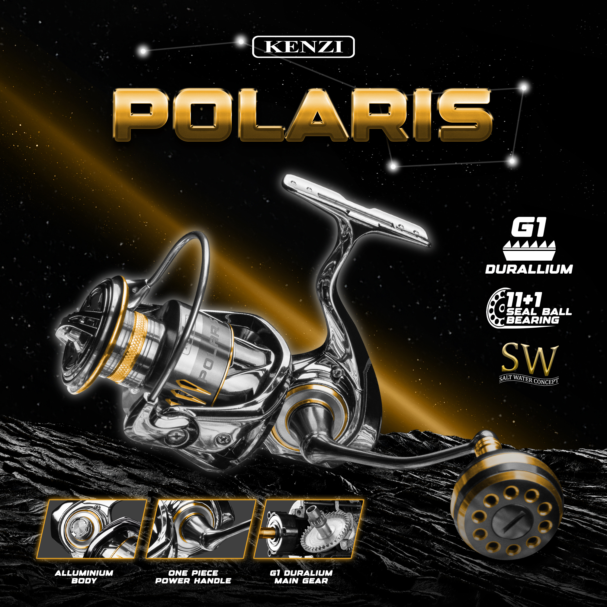 REEL KENZI POLARIS SW 2000 3000 4000 6000 G1 DURALIUM ROTOR CARBON ALLUMINIUM BODY with 11+1 Stainless Steel Ball Bearing ONE PIECE SCREW HANDLE Free Reel Stand & Grease Oil Harga 580,000 rupiah*Gratis Ongkir