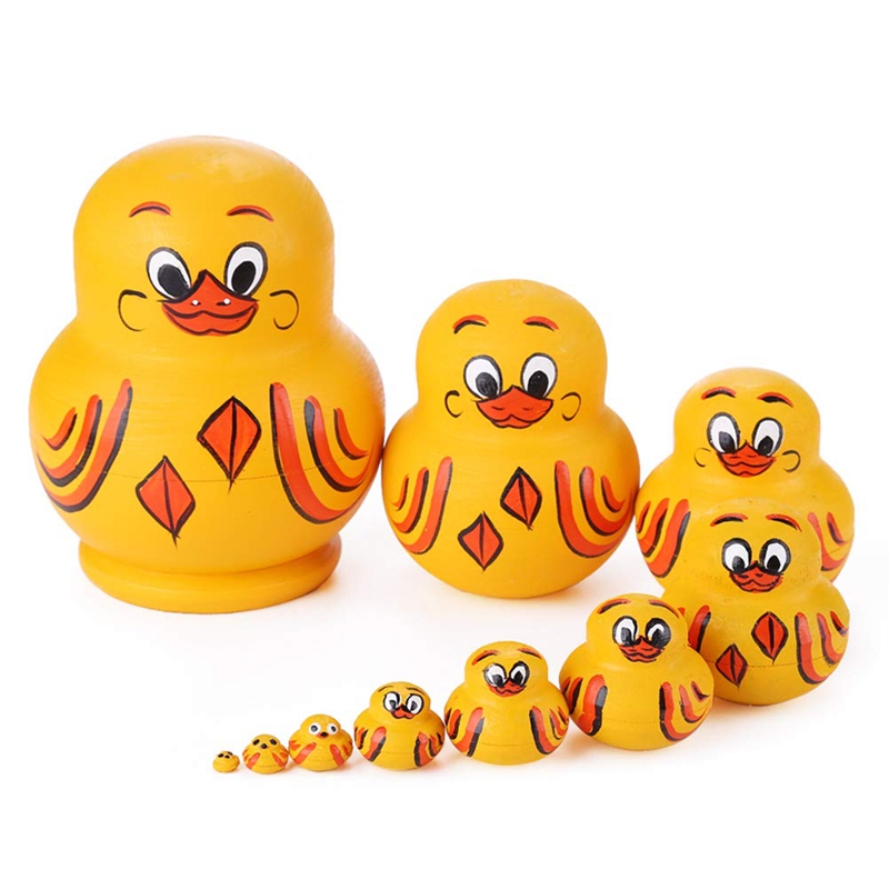 【Latest model】Cute Lovely Animal Matryoshka Stacking Dolls 10 Pcs Wooden Yellow Duck Handmade Russian Nesting Toys Home Decor ราคา 535 บาท*ส่งฟรี