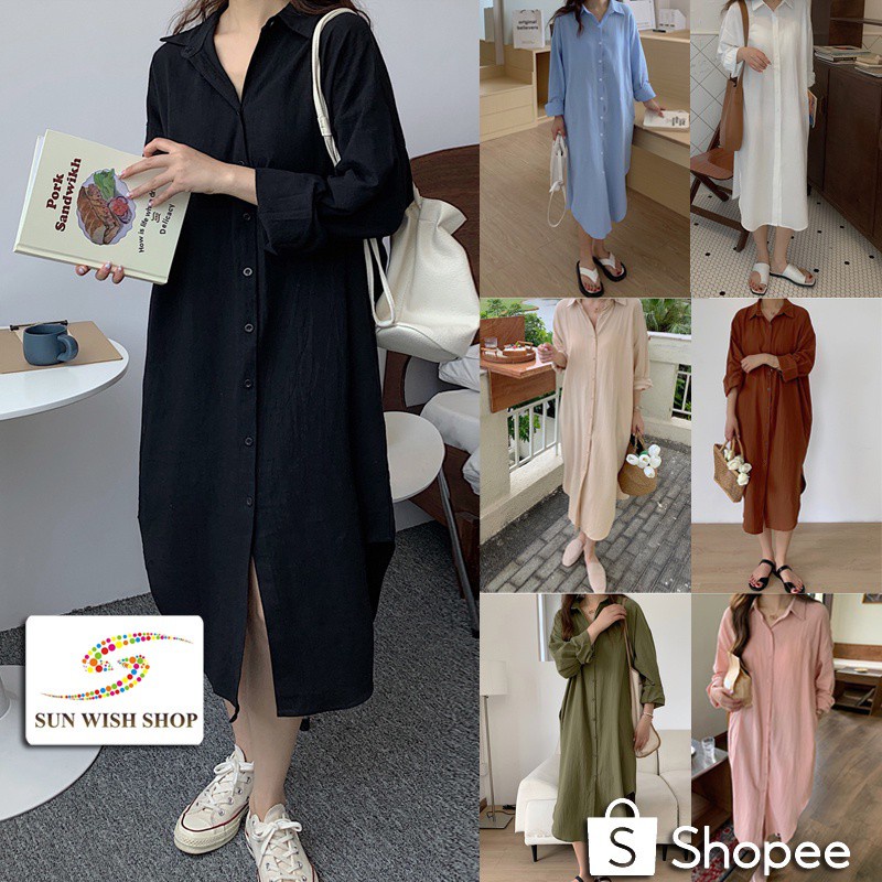 🌞SUN🌞SWS05311 8Colors Over Knee Cotton Korean Loose Large Size Fashion Lapel Long Blouse Labuh Baggy Top Labuh Blouse Muslimah 百搭外套长衬衫