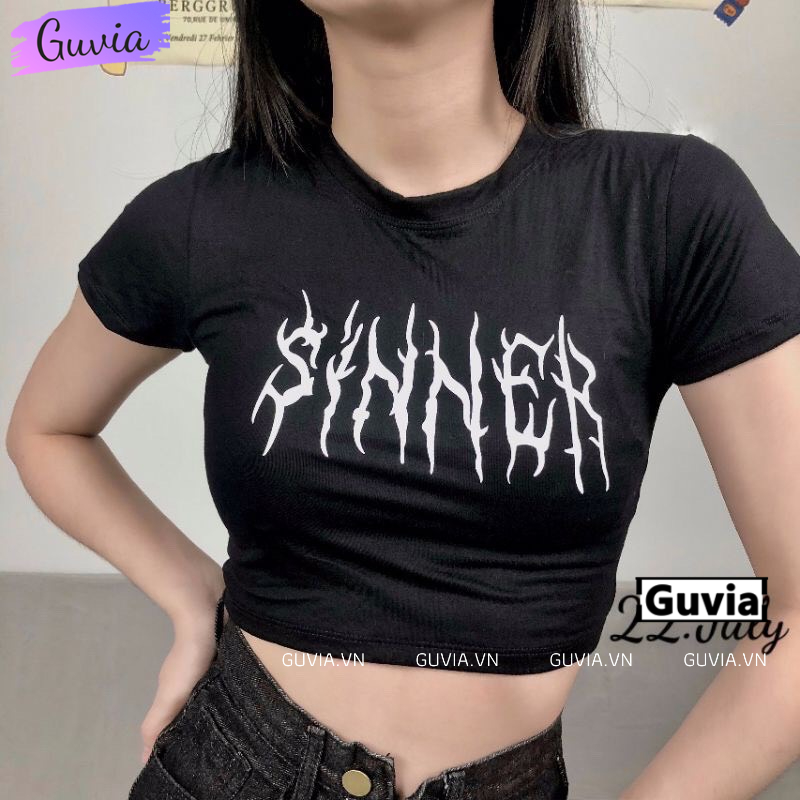 Áo croptop ôm body nữ sinner cổ tròn tay ngắn, áo thun croptop kiểu sexy in họa tiết guvia cr67
