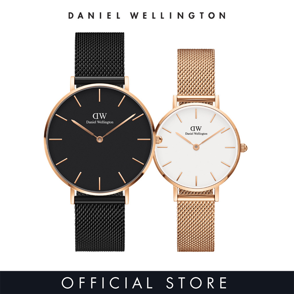 Daniel Wellington Gift Set - Petite 28mm Melrose Rose gold White + Petite 36mm Ashfield Rose gold Black - Watch + Watch Set for Couple Gift for Couple Birthday Annivesary