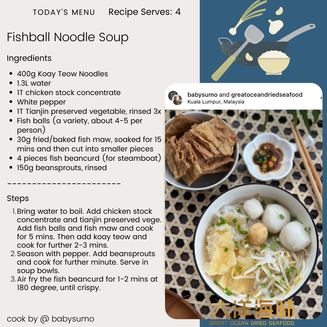 English recipe card for fishball noodle soup with fish maw|鱼鳔鱼丸汤面英文食谱