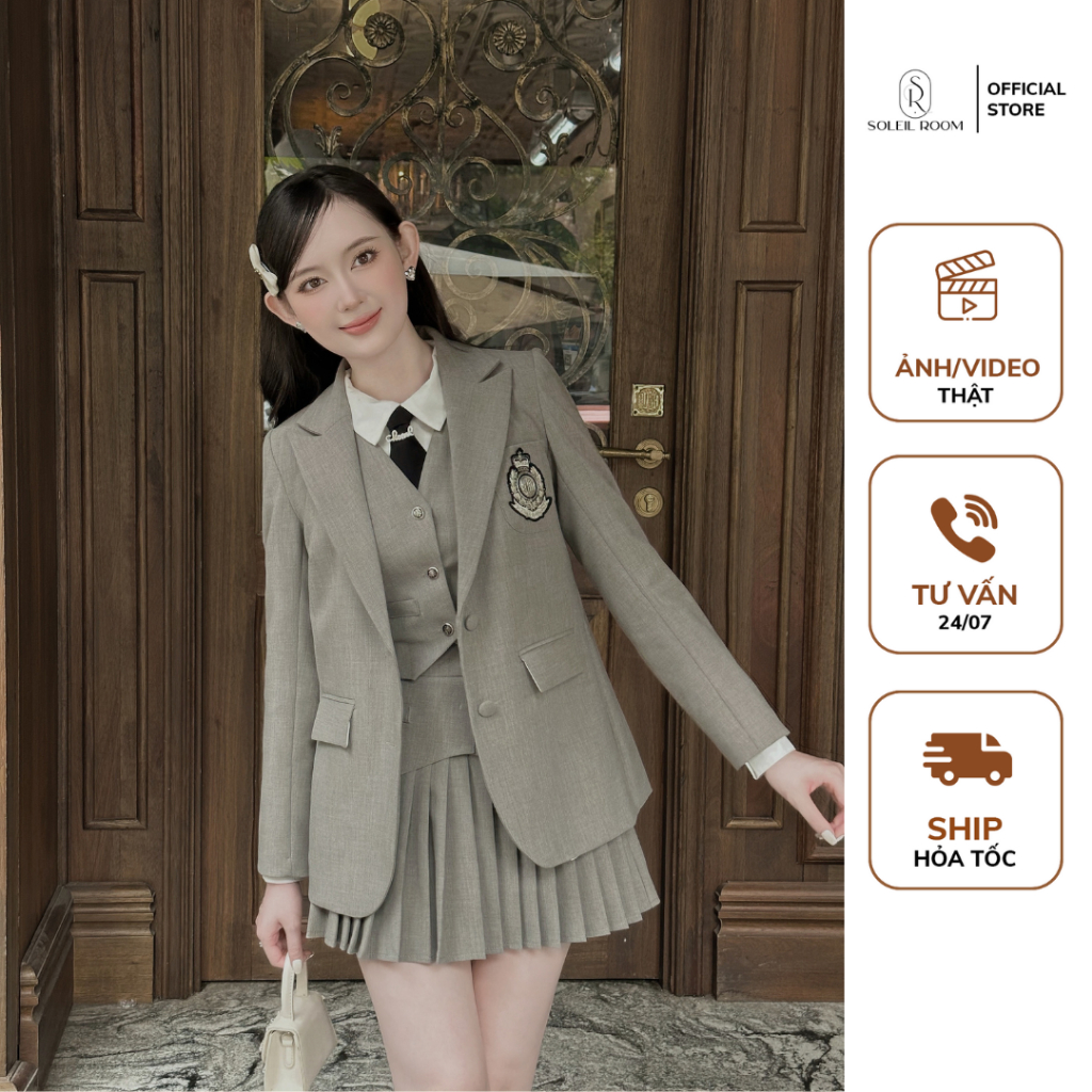 Set Blazer Kèm Gile Và Chân Váy Thiết Kế SOLEIL ROOM Hàn QuốcTặng Kèm Cà Vạt Và Tag Đá SOIE SET và CRUSHIE