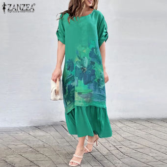 Zanzea Đầm nữ đi làm cổ tròn hoa ngắn tay lỏng Midi Shift drss #15