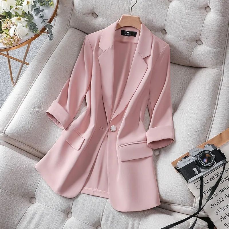 Tay Lỡ 3/4 mỏng mùa hè giản dị hàng đầu với một thiết kế thích hợp, áo khoác Bộ đồ màu hồng cho phụ nữ