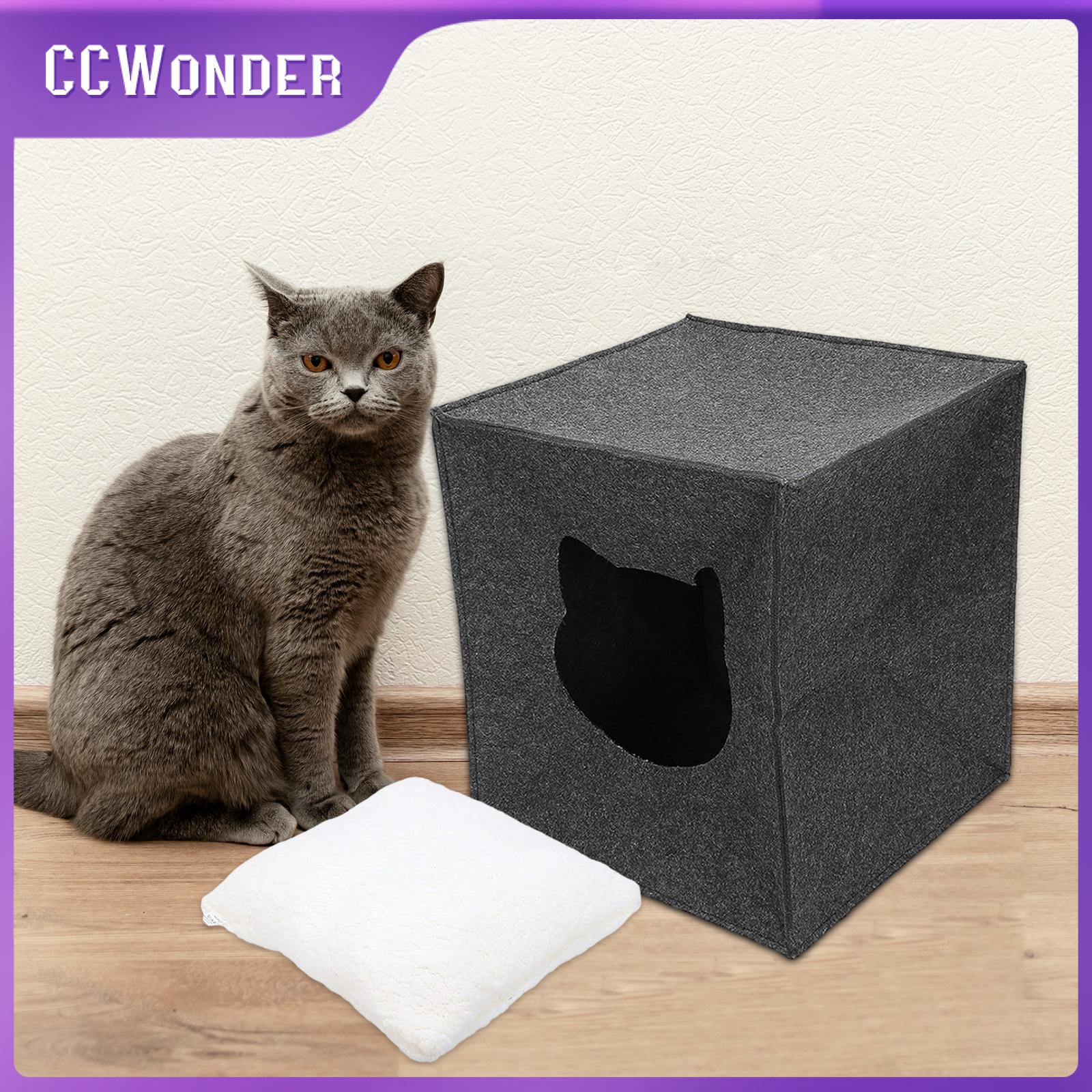 CCWonder Felt Cave Cat Hideaway Sleeping Washable Indoor Snooze Pet Cat Nest Cube Bed for Pomeranian Cats Puppy Dog Poodle