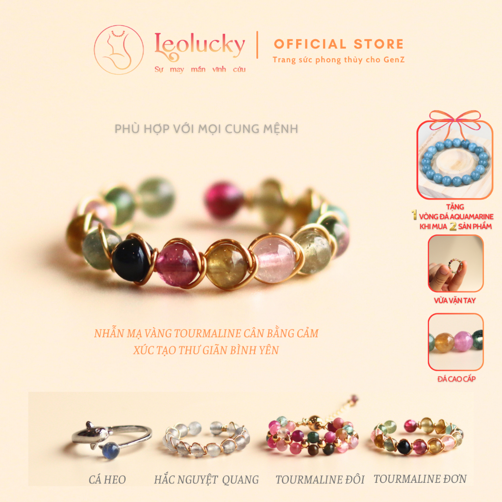 Nhẫn nữ Leolucky bạc s925 cá heo nhẫn handmade vàng 14k đính đá tourmaline mang lại may mắn